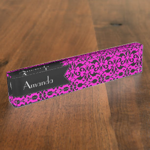 Your Name - Damask, Ornaments, Swirls - Pink Black Nameplate