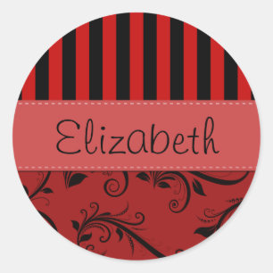 Your Name - Damask, Ornaments, Swirls - Red Black Classic Round Sticker