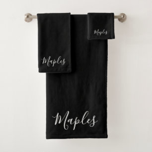 Your Name   Elegant White Script on Black Bath Towel Set