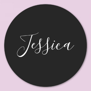 Your Name Elegant White Script on Black Classic Round Sticker