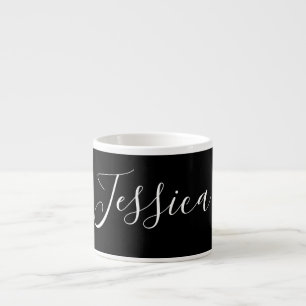 Your Name Elegant White Script on Black Espresso Cup