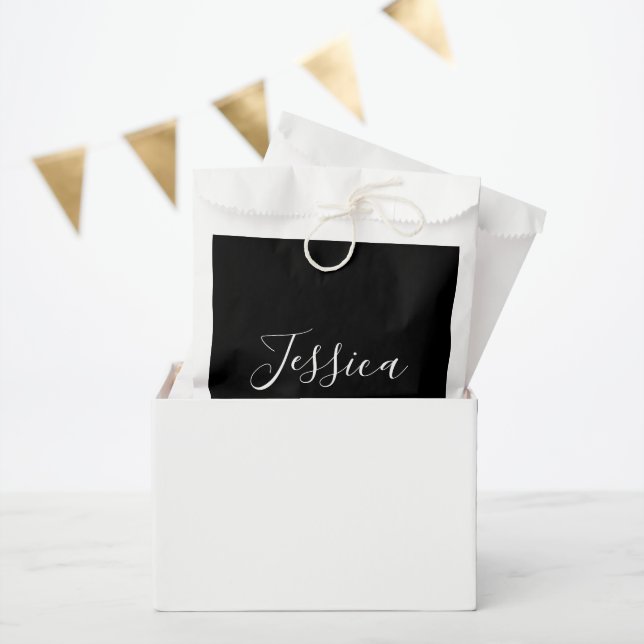 Your Name | Elegant White Script on Black Favour Bags (Party)
