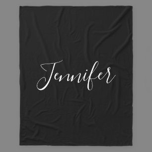 Your Name   Elegant White Script on Black Fleece Blanket