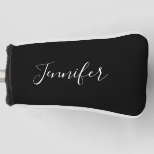 Your Name Elegant White Script on Black Golf Head Cover