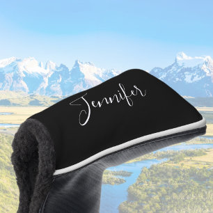 Your Name   Elegant White Script on Black Golf Head Cover