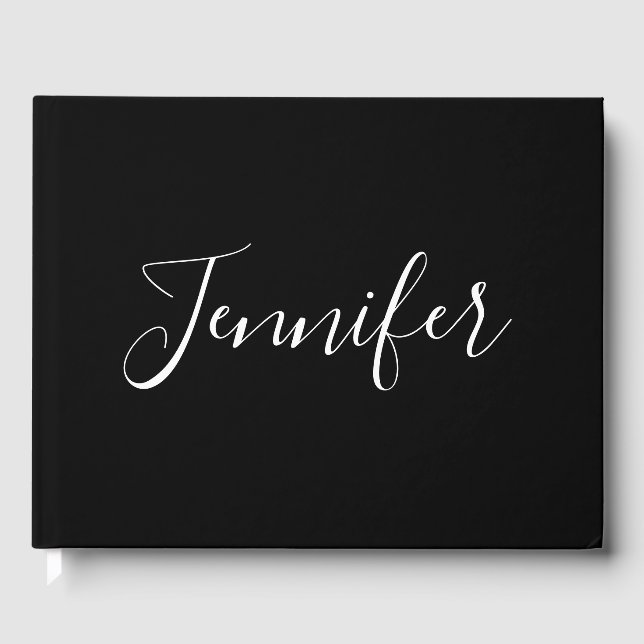 Your Name | Elegant White Script on Black Guest Book (Front)