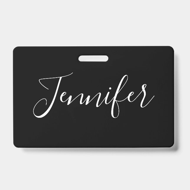 Your Name | Elegant White Script on Black ID Badge (Front)