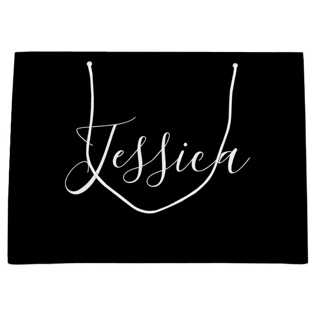 Your Name | Elegant White Script on Black Large Gift Bag (Front)