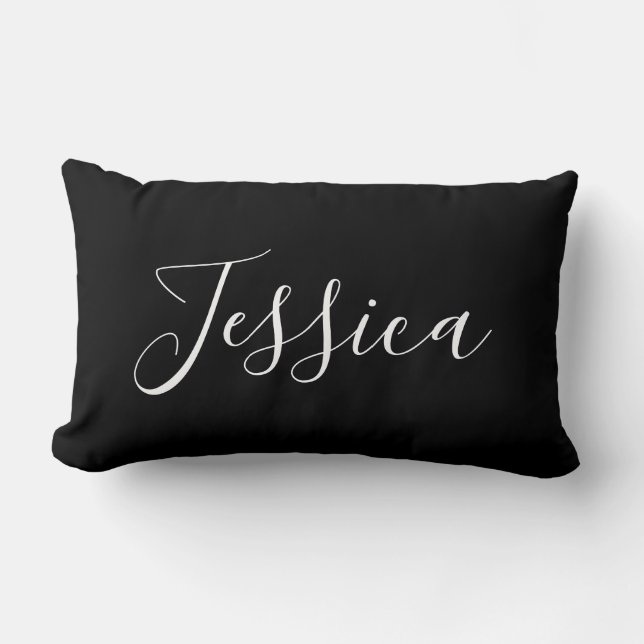 Your Name | Elegant White Script on Black Lumbar Cushion (Front)