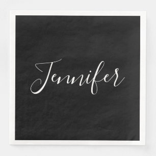Your Name   Elegant White Script on Black Napkin