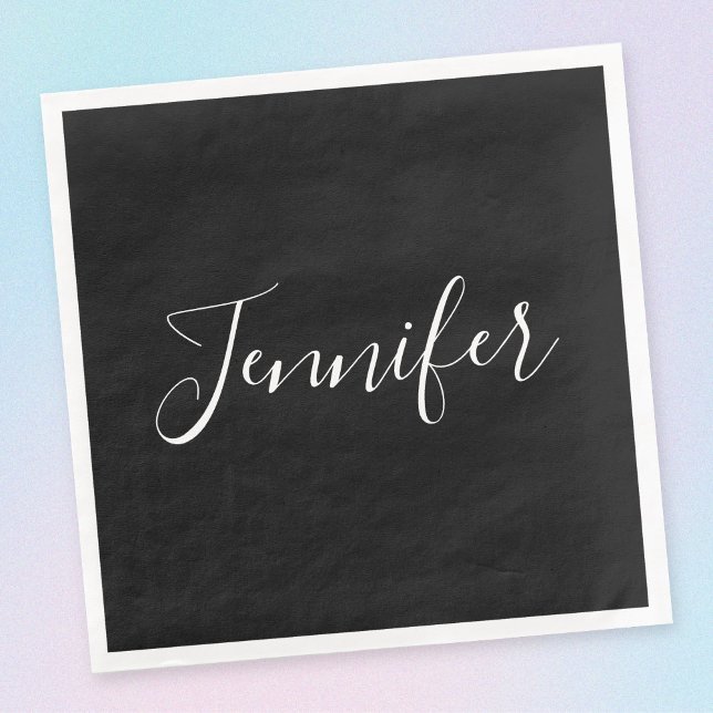 Your Name | Elegant White Script on Black Napkin (Creator Uploaded)