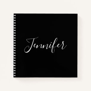 Your Name   Elegant White Script on Black Notebook