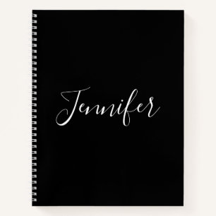 Your Name   Elegant White Script on Black Notebook