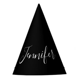 Your Name Elegant White Script on Black Party Hat