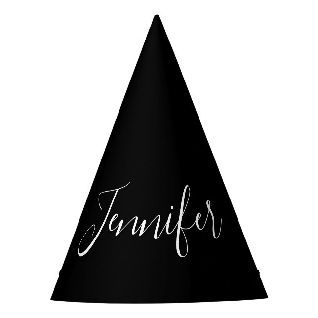 Your Name | Elegant White Script on Black Party Hat (Front)
