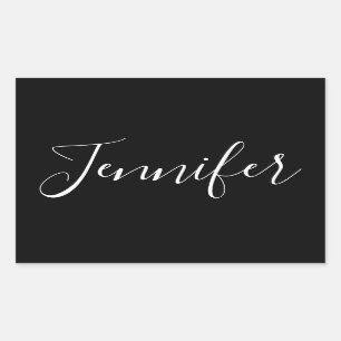 Your Name   Elegant White Script on Black Rectangular Sticker