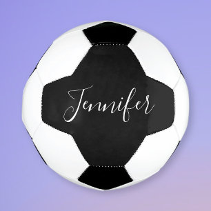 Your Name   Elegant White Script on Black Soccer Ball