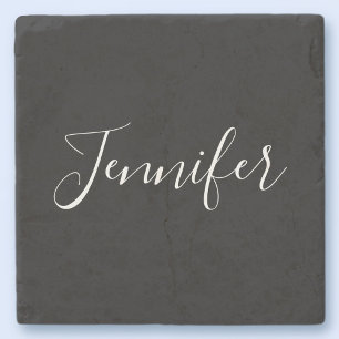 Your Name   Elegant White Script on Black Stone Coaster