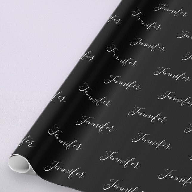 Your Name | Elegant White Script on Black Wrapping Paper (Creator Uploaded)