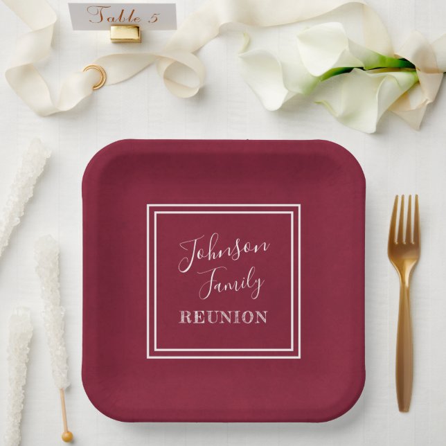 Your Name Family Reunion Script Burgundy Paper Plate (Wedding)