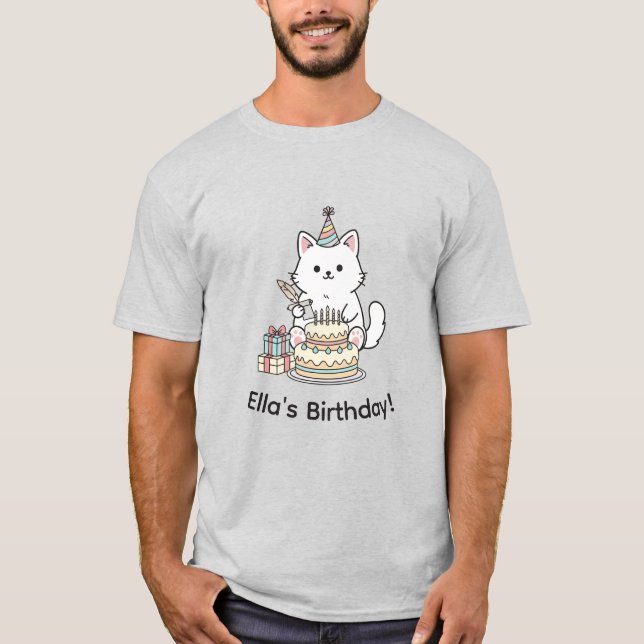 "Your name" Festive Birthday Cat with Cake Graphic T-Shirt (Front)