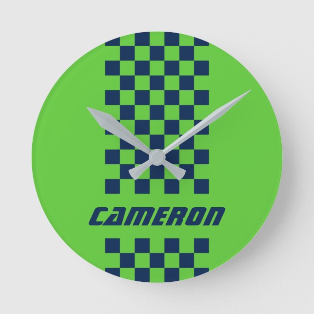 Your Name Fully Custom Colors Checkered Stripe Round Clock (Front)
