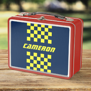 Your Name Fully Editable Colors Checkered Stripe Metal Lunch Box