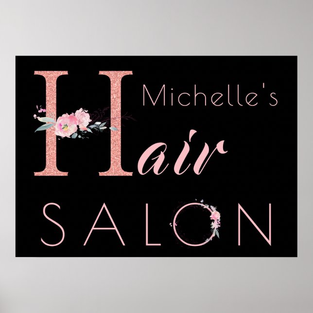 Your name hair salon floral glitter pink black poster (Front)