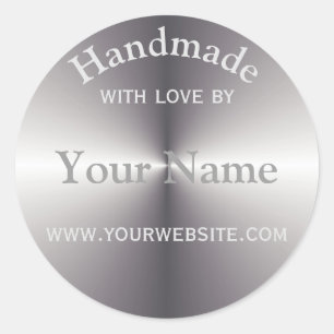 Your Name Handmade By Round Sticker Silver Metal