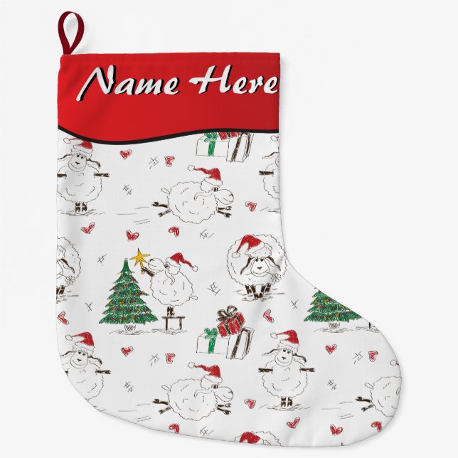 YOUR NAME HERE - Cute Christmas Sheep Large Christmas Stocking (Front)
