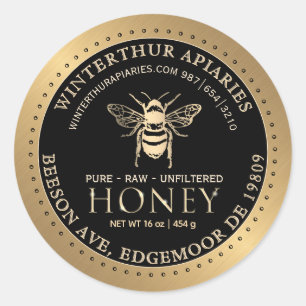 Your Name Here Editable Gold Bee Honey on Black Classic Round Sticker