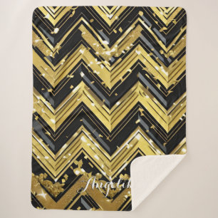 Your Name Here in Chevron Black and Gold Sherpa Blanket