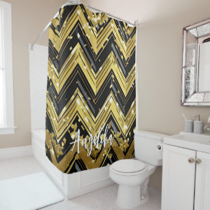 Your Name Here in Chevron Black and Gold Shower Curtain