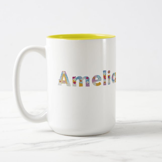 Your name in artsy floral letters / Amelia  Two-Tone Coffee Mug (Left)