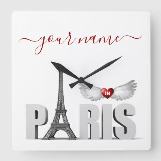 Your Name in Paris Eiffel Tower Heart Angel Wings Square Wall Clock
