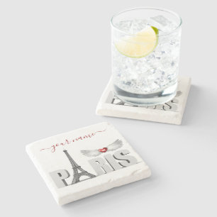 Your Name in Paris Eiffel Tower Heart Angel Wings Stone Coaster