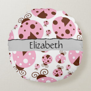 Your Name - Ladybugs, Ladybirds - Pink Brown Round Cushion