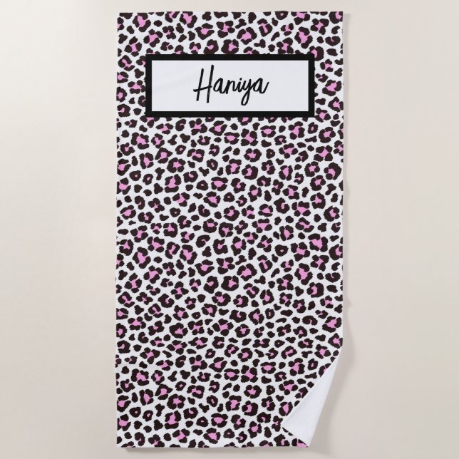 Your Name Leopard Predator Animal Pink Colour Beach Towel (Front)