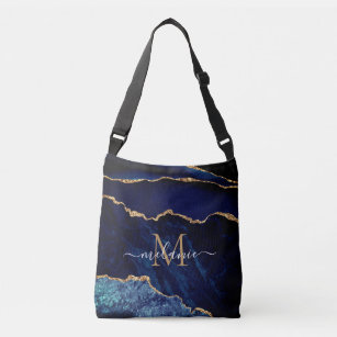 Your Name Letter Agate Navy Blue Gold Marble Crossbody Bag