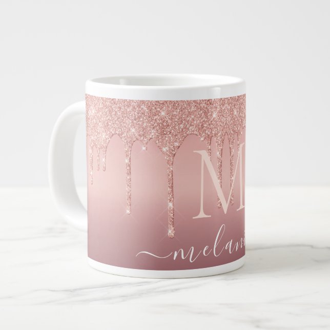 Your Name Letter Mug Rose Gold Blush Glitter Drips (Front Left)