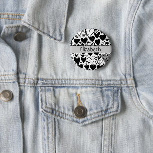 Your Name - Love, Romance, Hearts - Black White 6 Cm Round Badge