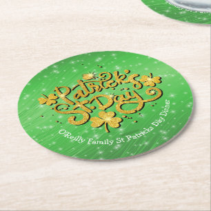 Your Name Message St Patricks Day Gold Shamrock Round Paper Coaster