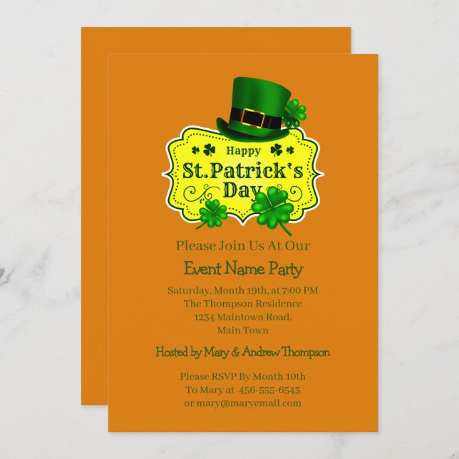 Your Name Message St Patricks Day Green Shamrock Invitation (Front/Back)