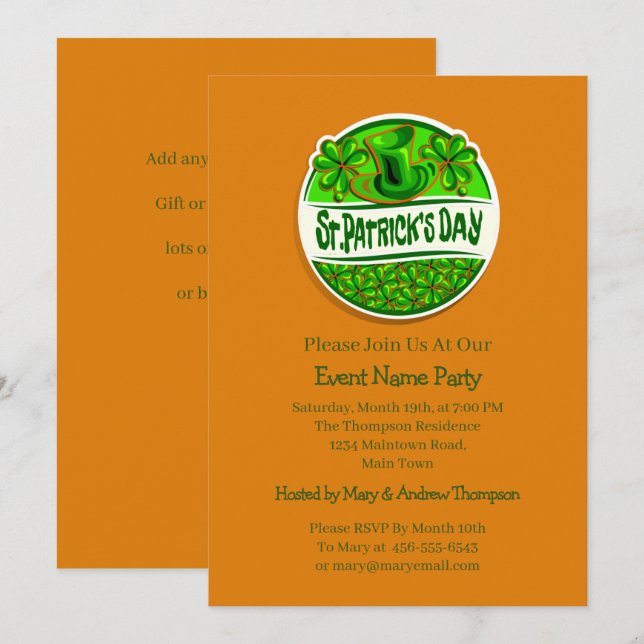 Your Name Message St Patricks Day Green Shamrock Invitation (Front/Back)