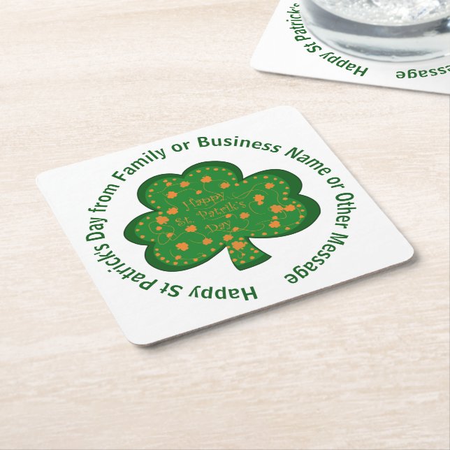 Your Name Message St Patricks Day Green Shamrock Square Paper Coaster (Angled)
