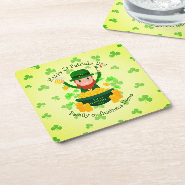 Your Name Message St Patricks Day Leprechaun Gold Square Paper Coaster (Angled)