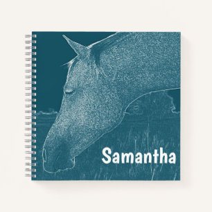 Your Name Modern Horse White on Blue Green Teal Notebook