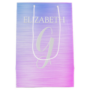 Your Name & Monogram Brushed Steel Blue & Violet Medium Gift Bag