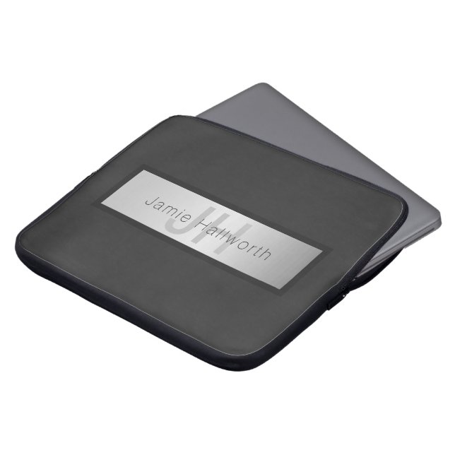 Your Name & Monogram | Grays & Faux Silver Look Laptop Sleeve (Front Top)