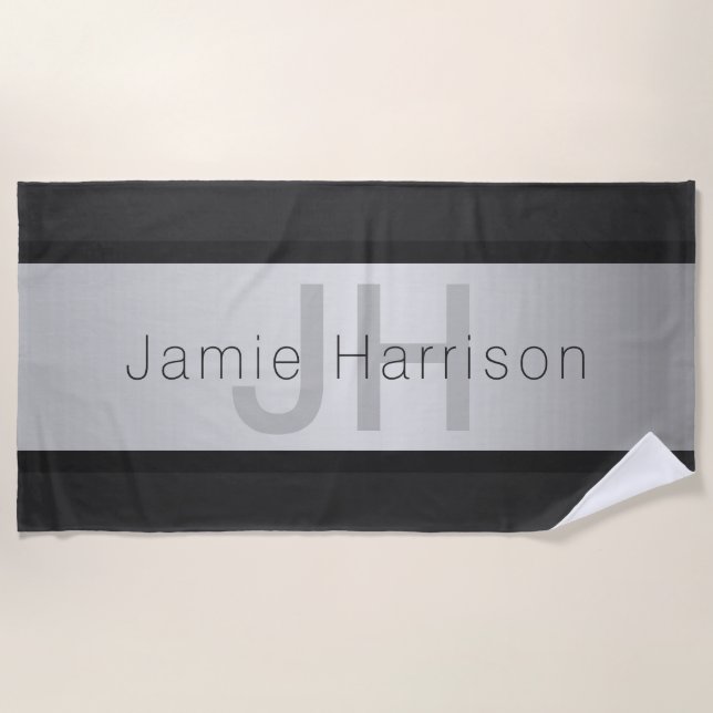 Your Name & Monogram | Greys & Faux Silver Look Beach Towel (Front)